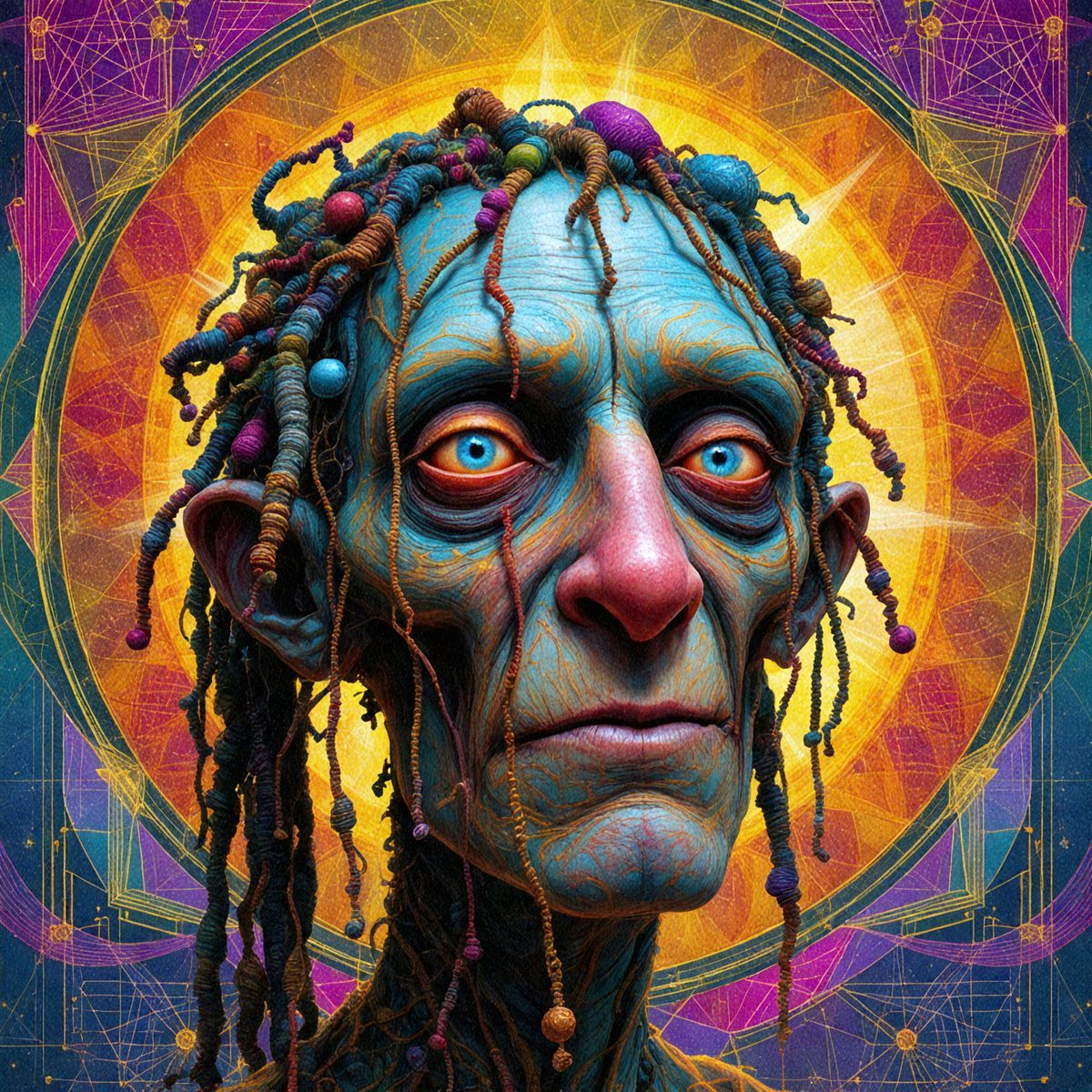 The primary subject of the image is a person with blue eyes, long hair, and a beard. They are wearing a necklace and have a strange appearance. The setting is a colorful, abstract background that complements the subject. The visual style is a digital art or illustration, with a vibrant and unique color palette. The overall atmosphere is surreal and intriguing, capturing the viewer's attention.